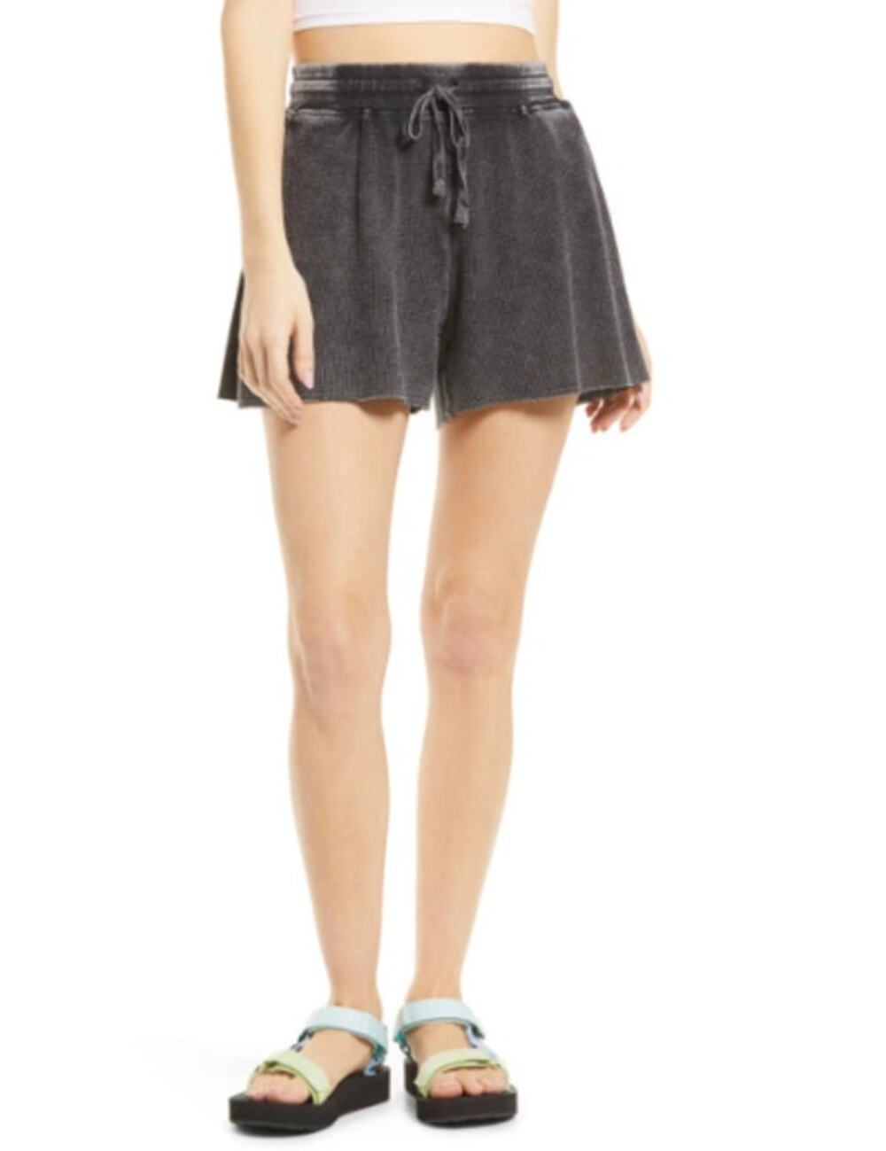 SPLENDID NWT Mineral Wash Waffle Knit Drawstring Shorts in Black  // XS